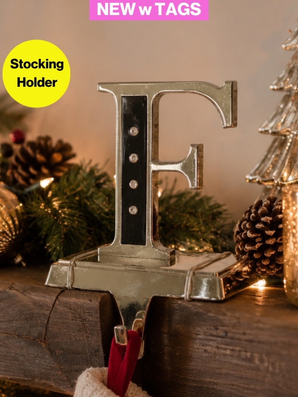 NEW w TAGS 🏷️ 2/for $20 🪩 “F” Initial -Christmas Stocking Holder w/Crystals